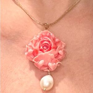 Beautiful large carved Coral and genuine pearl pendant on 18K gold filled chain.